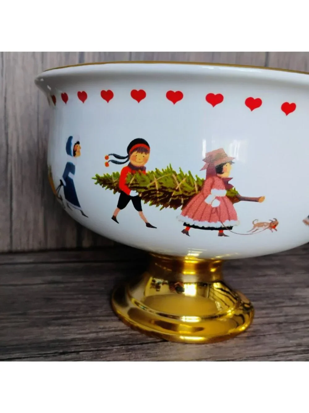 Vintage Teleflora Charles Wysocki Christmas Bowl Love 2000 Pedestal Gold Trim 8